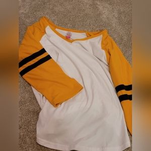 Nobo/no boundaries white + yellow with black stripes raglan sleeve tee